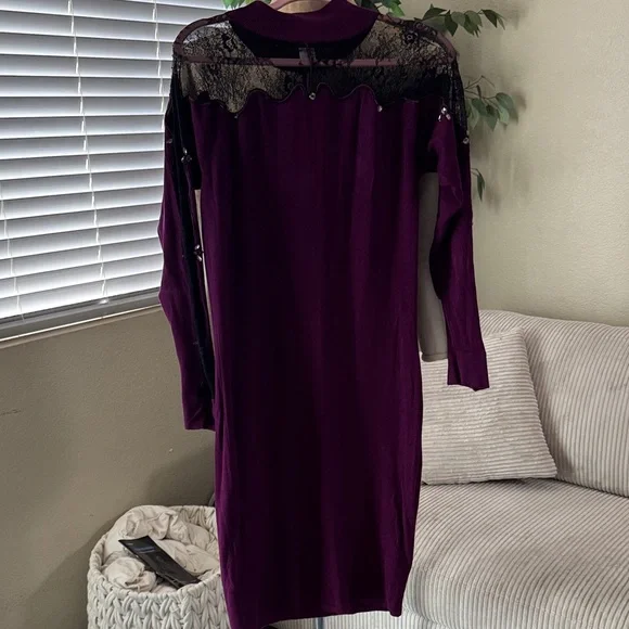 VENUS Deep Purple Long Sleeve Dress with Black Lace - Picture 4 of 6